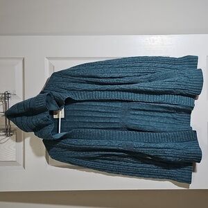Natural Reflections Blue Green Knit Hooded Open Front Wool Cardigan Sweater M